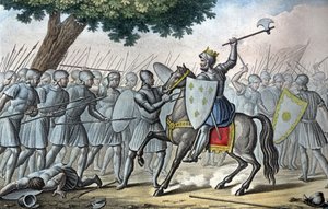 Louis VI, dit « le Gros » (1081 - 1137), lors de la bataille de Brenneville, tente de retirer la Normandie au roi Henri I en 1119. - Dessiné et gravé par Ambroise Tardieu en 1825. - Ambroise Tardieu