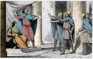 Louis V le Fainéant montre sa couronne à ses partisans en 986 - Louis V le Fainéant (c. 967-987), proclamé roi de France par la protection de Hugues Capet, devenu roi de France, en 986 - Gravure de 1825 dans « Histoire de France représentée par des tableau - Ambroise Tardieu