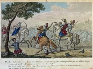 Mérovée (447-458) défie Attila aux Champs Catalauniques près de Troyes avec Aetius et Théodoric I. Il est le roi présomptif des Francs-Saliens et a donné son nom à la dynastie mérovingienne. - Dessiné et gravé par Ambroise Tardieu en 1825. - Ambroise Tardieu