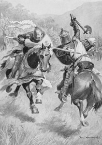 Rencontre entre Robert Bruce (1274-1329) et Sir Henry de Bohun (1276-1322) illustration de British Battles on Land and Sea édité par Sir Evelyn Wood (1838-1919) publié pour la première fois en 1915 (lithographie en couleur) - Ambrose de Walton