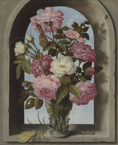 Néerlandais : Roses dans un Roemer, placées dans une fenêtre avec un crocus et une chenille Nature morte avec des roses dans un vase en verre