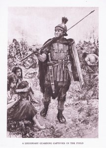 Un légionnaire gardant des captifs dans un champ, illustration de The Roman Soldier, 1928