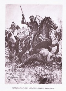 Cavalerie auxiliaire attaquant des tribus germaniques, illustration de The Roman Soldier, 1928