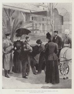 La reine à Cimiez, visite au jardin zoologique, Sa Majesté caressant un jeune lion - Amedee Forestier