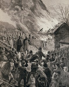La Guerre des Loyers en Irlande : Incendie des maisons des locataires expulsés à Glenbeigh, Comté de Derry, de 
