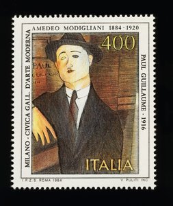 Timbre-poste de la série des arts italiens honorant Amedeo Modigliani (1884-1920), représentant le Portrait de Paul Guillaume (1916), timbre de 400 lires