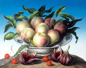 Pêches dans un bol de Delft avec figues violettes - Amelia Kleiser