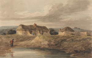 Paysage avec bâtiments au toit de chaume