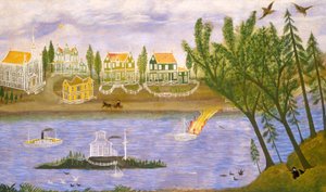 Village au bord de la rivière - American 19th Century