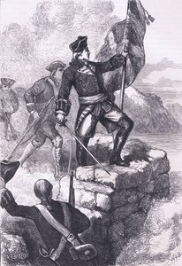 Washington plantant le drapeau britannique au Fort Duquesne, illustration tirée de Cassells History of the United States publiée par Cassell, Petter & Galpin, vers 1900 (lithographie) - American English school