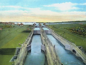 Vue aérienne des écluses de Gatun, montrant tous les niveaux d