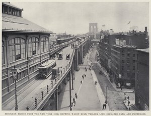 Pont de Brooklyn depuis le côté de New York, montrant la route des wagons, la ligne de tramway, les voitures surélevées et la promenade - American Photographer