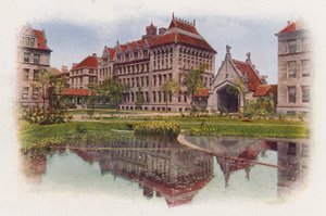 Chicago : Hull Court, depuis Botany Pond, Anatomy Building et Hull Gate (photo couleur) - American Photographer