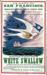 112 jours pour San Francisco, affiche publicitaire pour Merchants Express Line of Clipper Ships, White Swallow