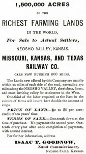 1 500 000 acres des terres agricoles les plus riches du monde, dans la vallée de Neosho, Kansas, publicité de Appletons Journal, 4 mai 1872 - American School