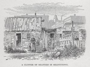Un groupe de cabanes dans Shantytown (lithographie)