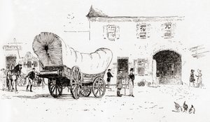 Un chariot Conestoga dans la cour de Bull