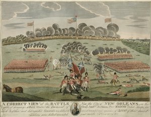 Vue correcte de la bataille près de la ville de la Nouvelle-Orléans, pub. c.1815 (gravure en couleur)