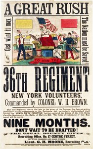 Une grande ruée, affiche de recrutement pour le 36e Régiment, publié par Baker & Goodwin