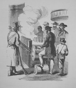 Un calliope à vapeur, utilisé sur les bateaux à vapeur américains, vers 1870 (gravure) - American School