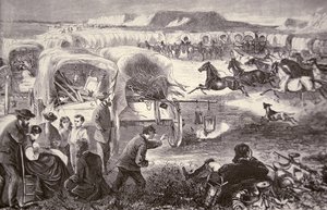 Un train de chariots formé en corral sur l