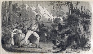 Un homme devant une femme et un enfant repoussant des chiens - American School
