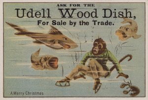 Joyeux Noël, carte de commerce faisant la publicité des plats en bois Udell - American School