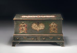 Coffre de dot à dessus relevable peint, inscrit Susana Scheblern, probablement comté de Lancaster, Pennsylvanie, 1790 - American School
