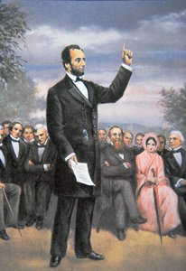 Abraham Lincoln (1809-65) prononçant le discours de Gettysburg à Gettysburg, Pennsylvanie, novembre 1863 - American School