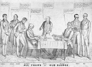 All Fours ou Old Sludge, caricature politique représentant le président Martin Van Buren (1782-1862) jouant aux cartes contre William Henry Harrison (1773-1841) parmi d