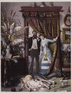 Couple américain regardant leur fille endormie sur le chien (lithographie couleur) - American School