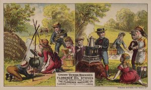 Carte publicitaire américaine pour les machines à coudre et les poêles à huile fabriqués par la Florence Machine Company, Massachusetts, vers 1880 - American School
