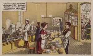 Carte de commerce américaine faisant la publicité des machines à coudre et des poêles à huile fabriqués par la Florence Machine Company, Massachusetts - American School