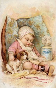 Bébé avec chiot buvant au biberon, publicité pour le lait conservé - American School