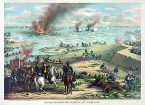 Bataille entre le Monitor et le Merrimac, 9 mars 1862 à Hampton Roads, près de Norfolk, Virginie, pub. Kurz & Allison, c.1889 - American School