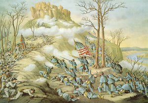 Bataille de Lookout Mountain, 24 novembre 1863, gravée par Kurz & Allison - American School