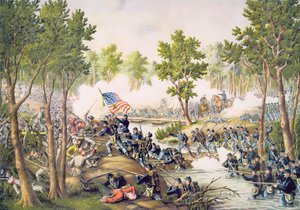 Bataille de Spottsylvania, mai 1864, gravée par Kurz & Allison - American School