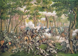 Bataille de la Wilderness, mai 1864, gravée par Kurz & Allison - American School