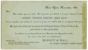 Carte commerciale de Bennett & Hall [verso], 1882 (lithographie gravée [carte commerciale]) - American School
