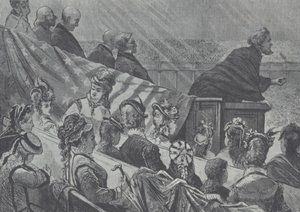 Brigham Young observé par ses nombreuses jeunes épouses pendant qu