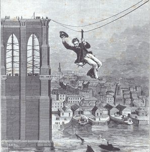 Pont de Brooklyn en construction ; M. Farrington, chef superviseur de la construction, est le premier à traverser la travée entre les deux pylônes le 25 août 1876 (gravure) - American School