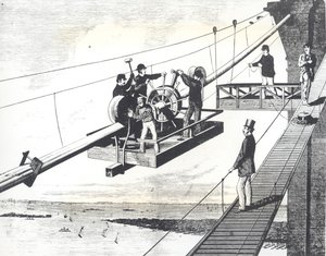 Pont de Brooklyn en construction en 1876, tressage des câbles de suspension (gravure) - American School