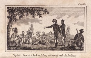 Le capitaine Lewis et Clarke tenant un conseil avec les Indiens, pub. 1812 (gravure)