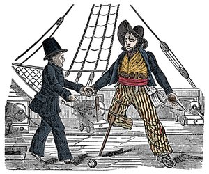 Le capitaine Mackra et le pirate à la jambe de bois Gravure de « The Pirates Own Book » 19ème siècle - American School