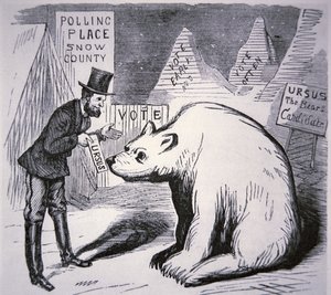 Caricature représentant un politicien américain essayant de trouver des électeurs en Alaska inhabitée - American School