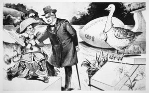 Caricature représentant le président McKinley essayant de faire taire la 