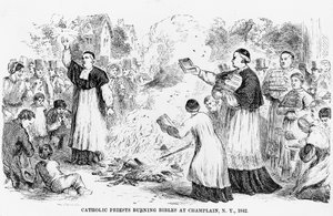 Prêtres catholiques brûlant des bibles à Champlain, New York, illustration d