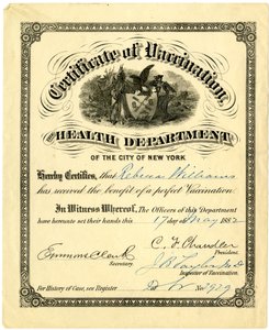 Certificat de Vaccination, le Département de la Santé de la Ville de New York..., 1882 - American School