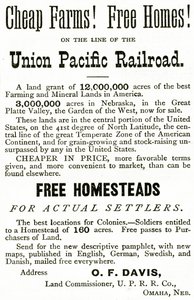 Fermes bon marché et maisons gratuites sur la ligne de chemin de fer Union Pacific, publicité de Appletons Journal, 4 mai 1872 - American School