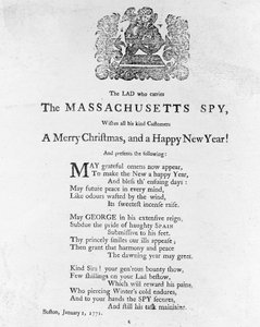 Vœux de Noël du garçon qui porte The Massachusetts Spy, imprimé dans The Massachusetts Spy le 1er janvier 1771 - American School